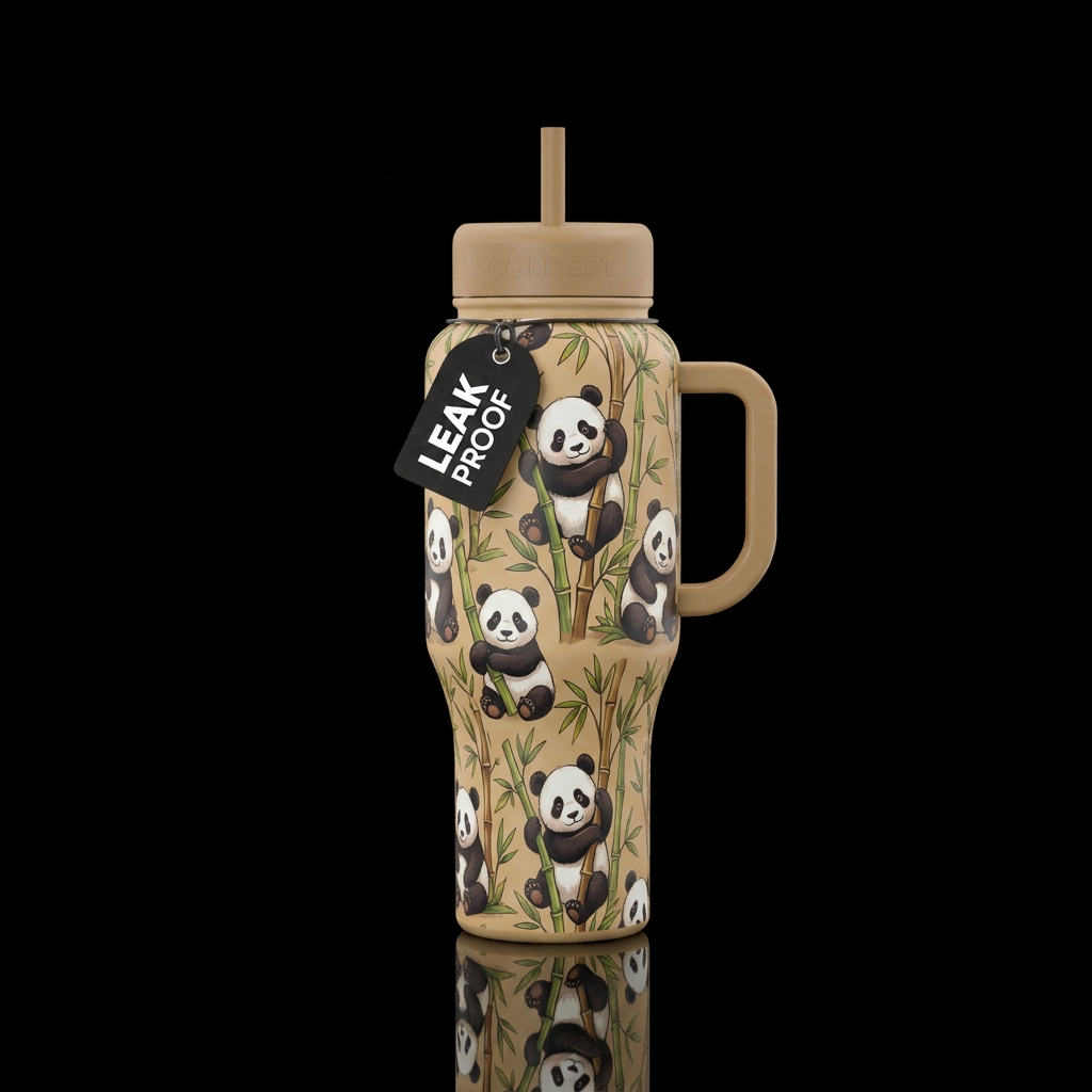 Tan bottle with cute panda  bears and bamboo story... water bottle design