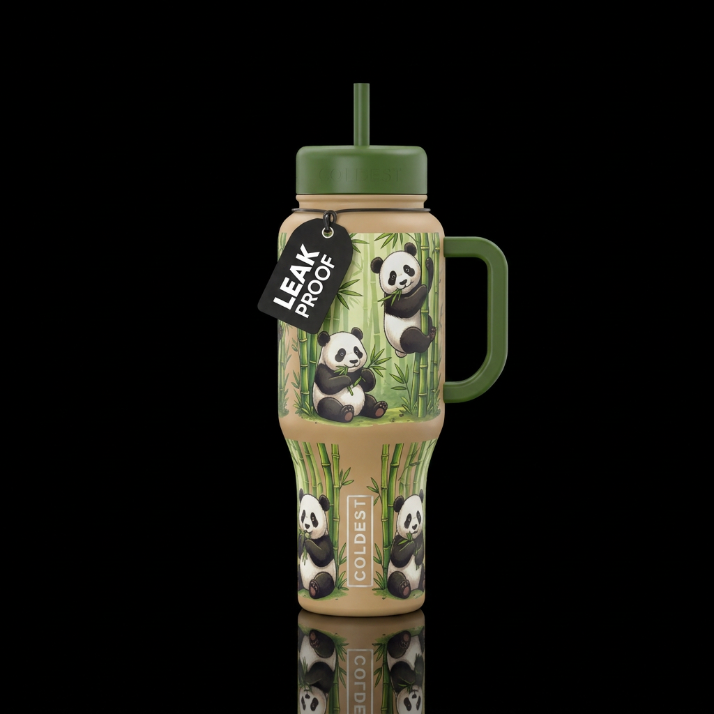 Tan bottle with cute panda  bears and bamboo story... water bottle design