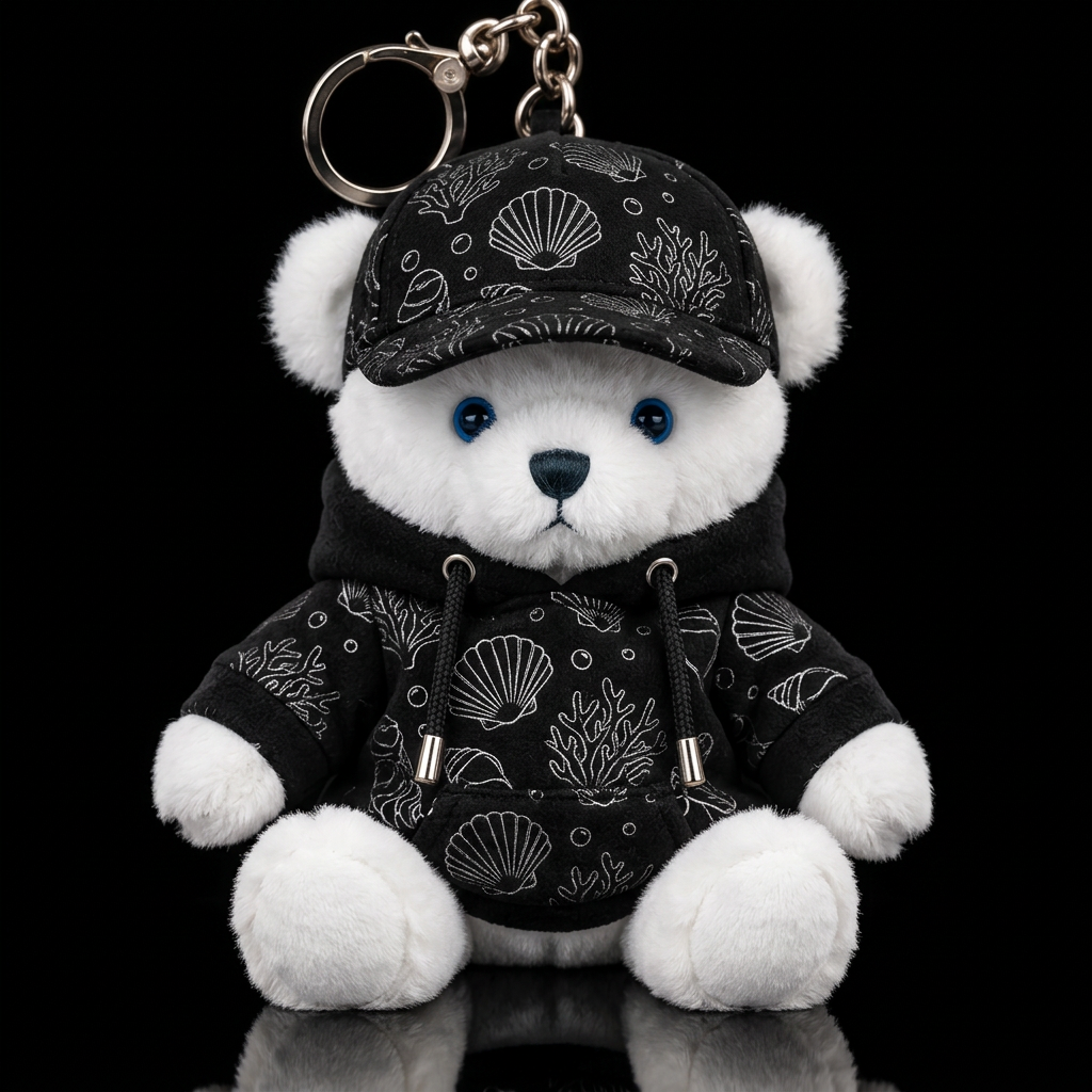 White teddy bear with blue eyes. Black hoodie with... water bottle design