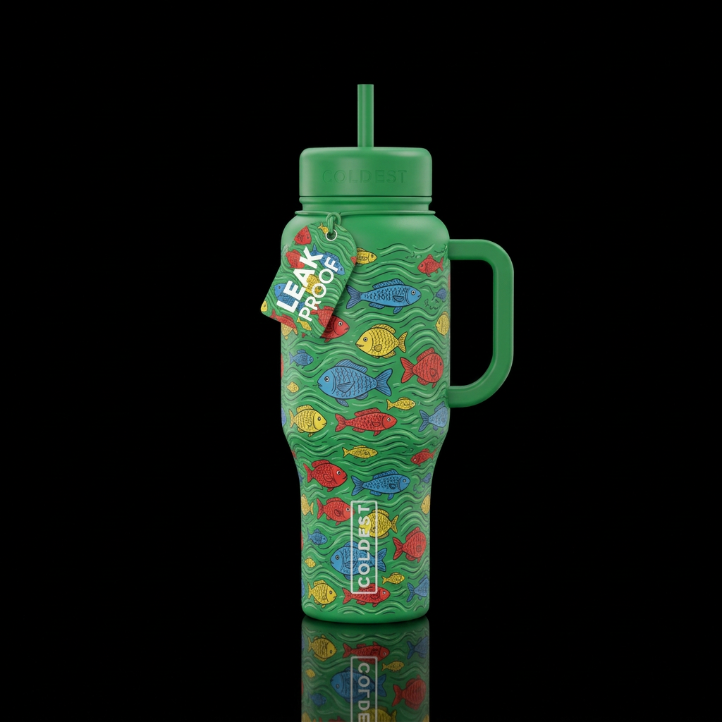 Red blue and yellow fish on a kelly green bottle w... water bottle design