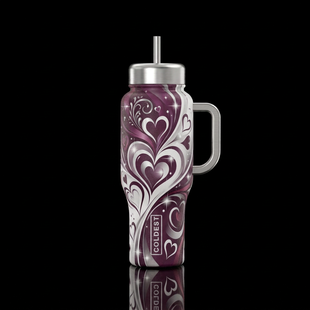Plum and silver Hearts and sparkles of light elega... water bottle design