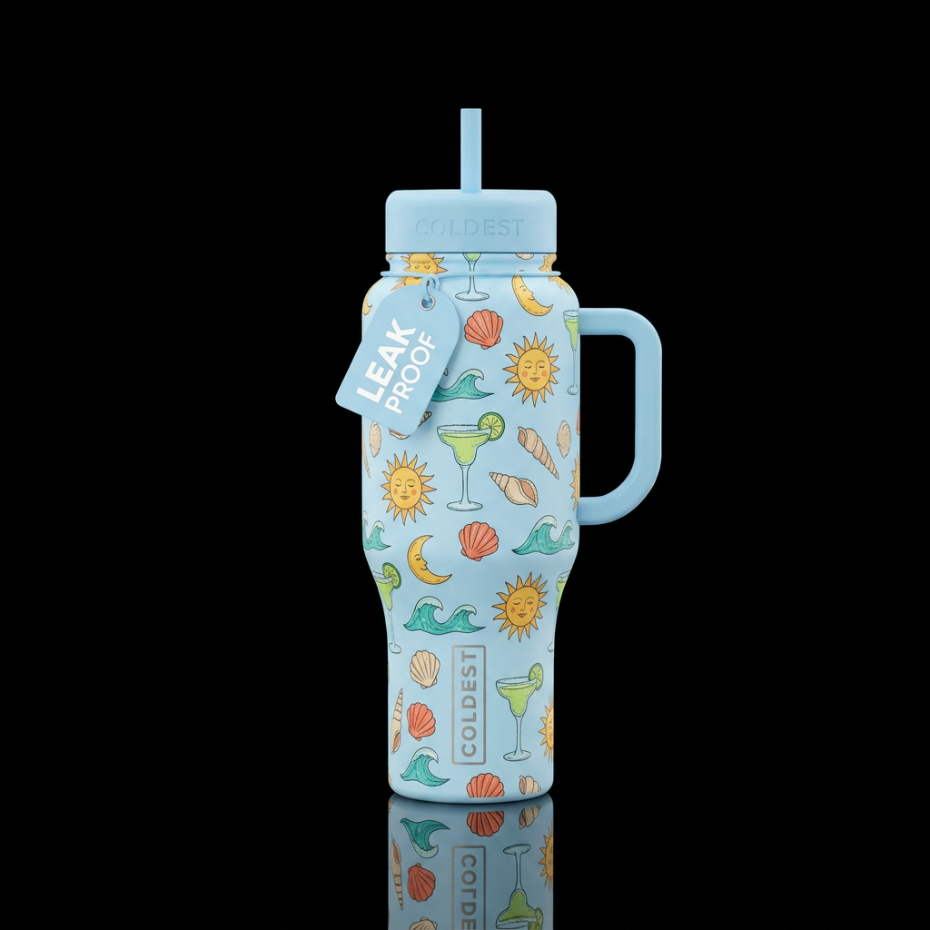 Light blue bottle with matching handle and lids. M... water bottle design
