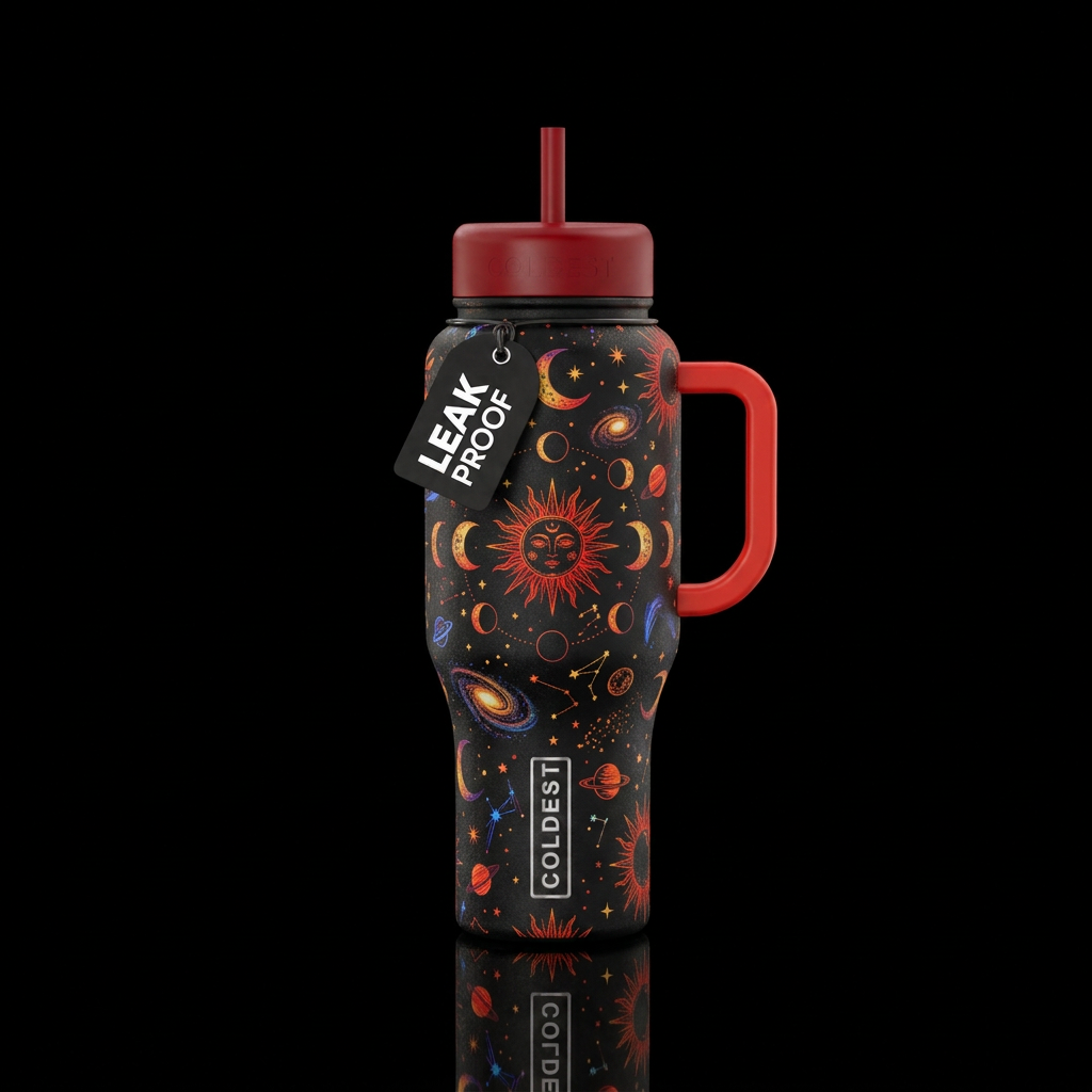 Black bottle with fire engine red handle and lids.... water bottle design