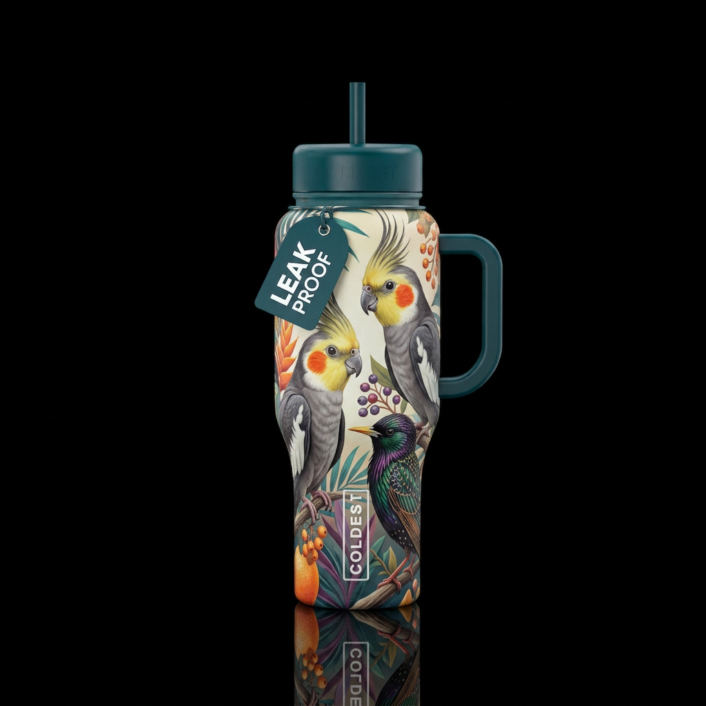 Cockiteals and starling birds. Realistic water bottle design