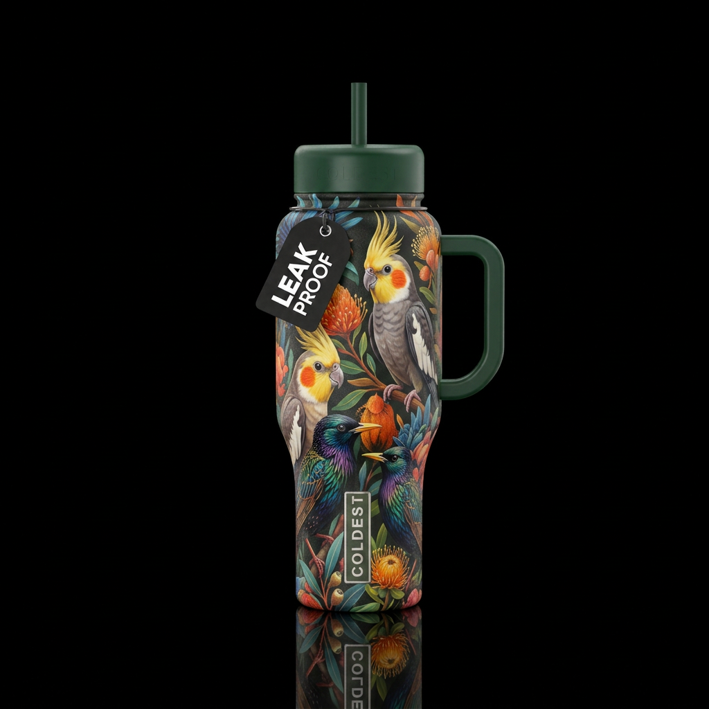 Cockiteals and starling birds. Realistic water bottle design