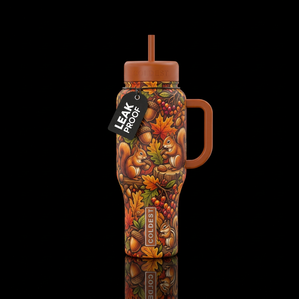 Fall themed bottle. Acorns squirrels chipmunks woo... water bottle design