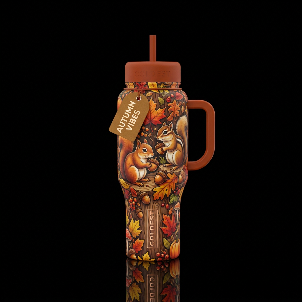 Fall themed bottle. Acorns squirrels chipmunks woo... water bottle design