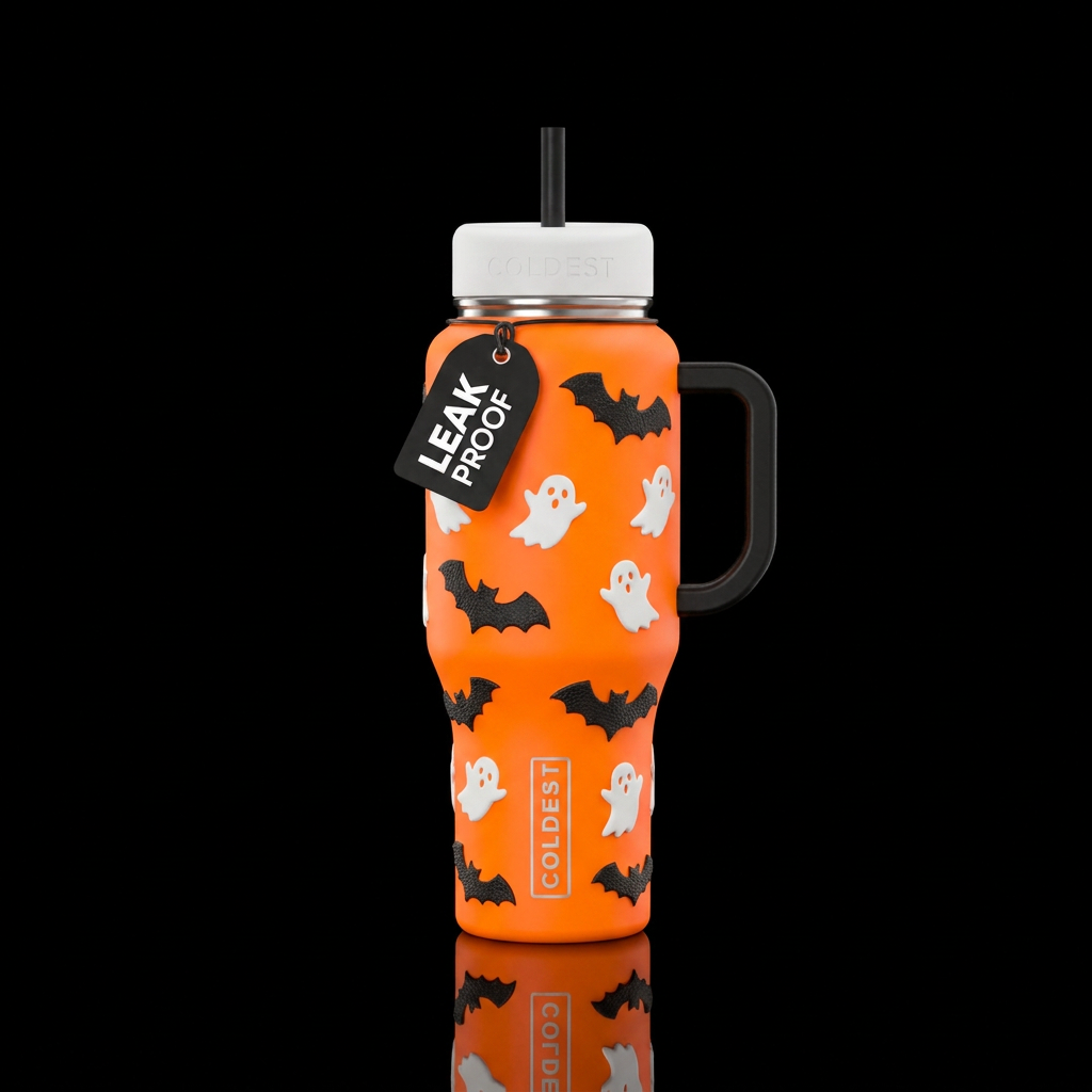 Bright neon orange bottle with black handle and wh... water bottle design