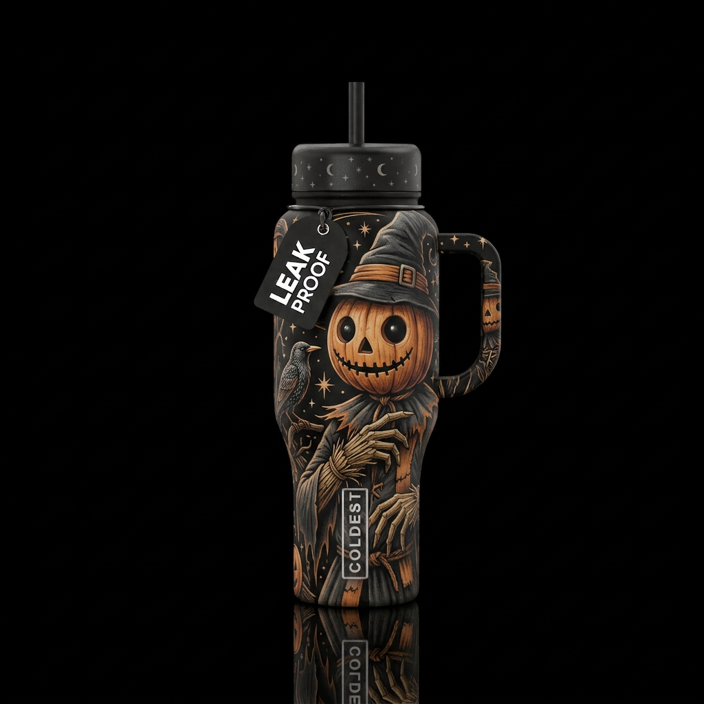 Black bottle with black handle and black lids. Sid... water bottle design