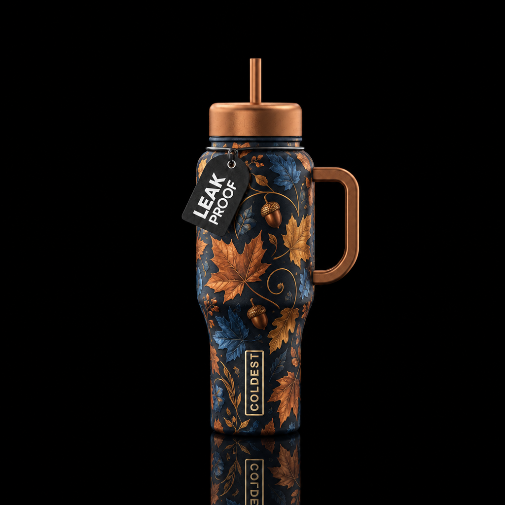 Fall themed bottle. Copper and shades of blue blac... water bottle design