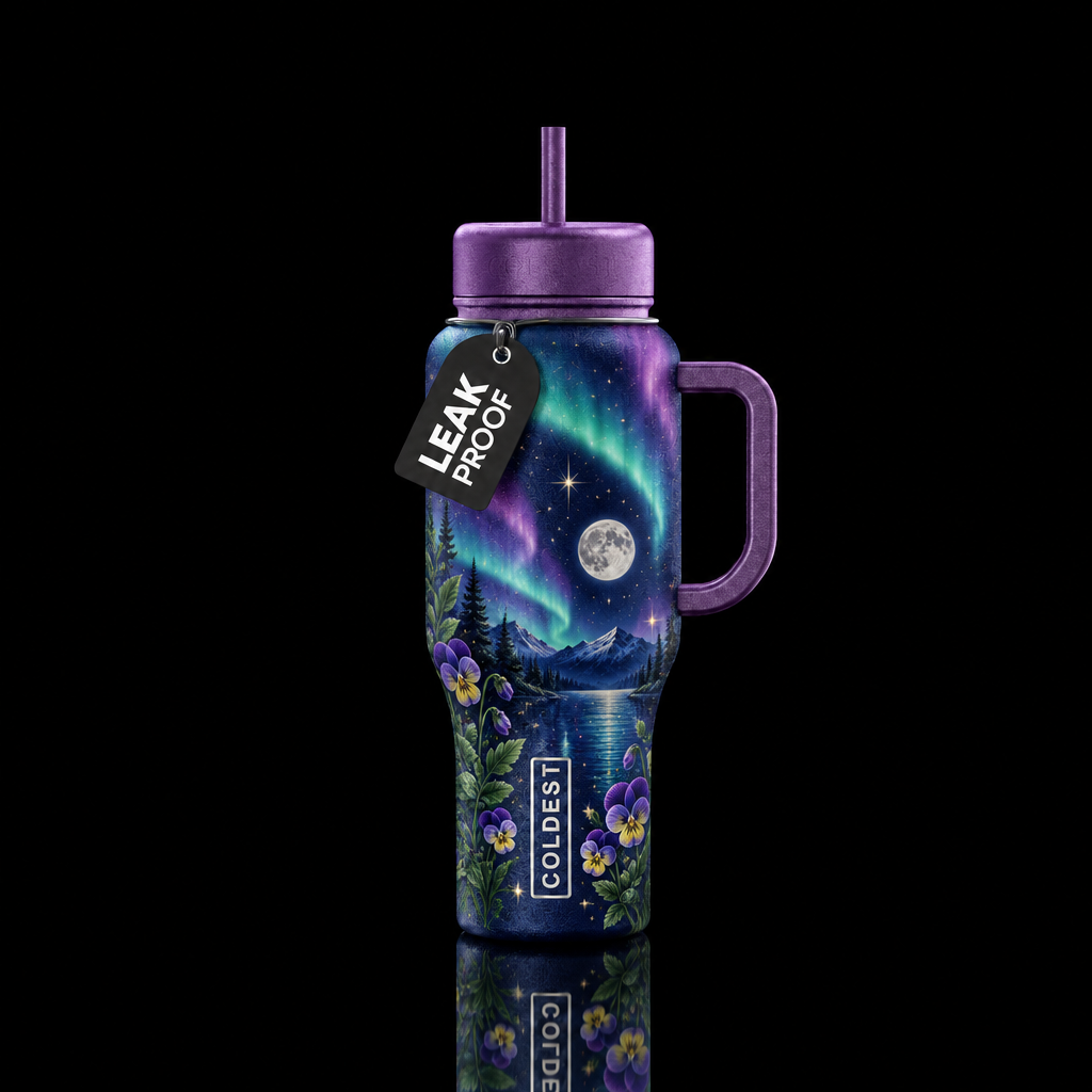 Midnight blue botyle with dusty purple sparkling h... water bottle design