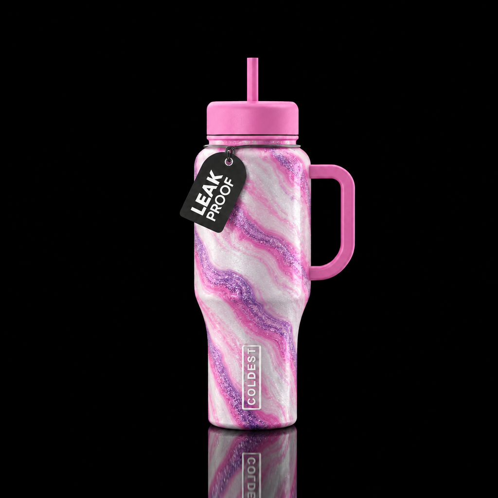 Bright white pearlescent with streaks of bubblegum... water bottle design