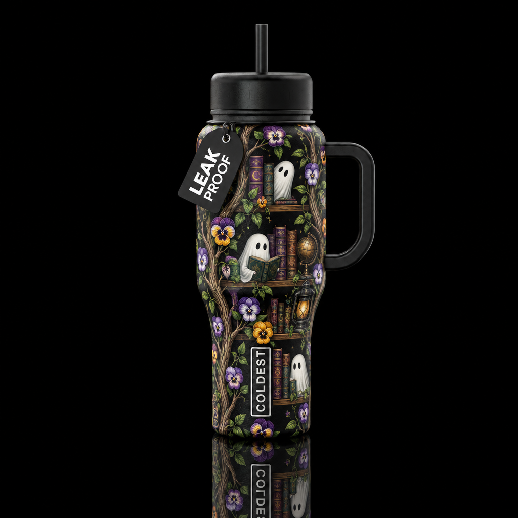 Black bottle with skinny trees going from top to b... water bottle design