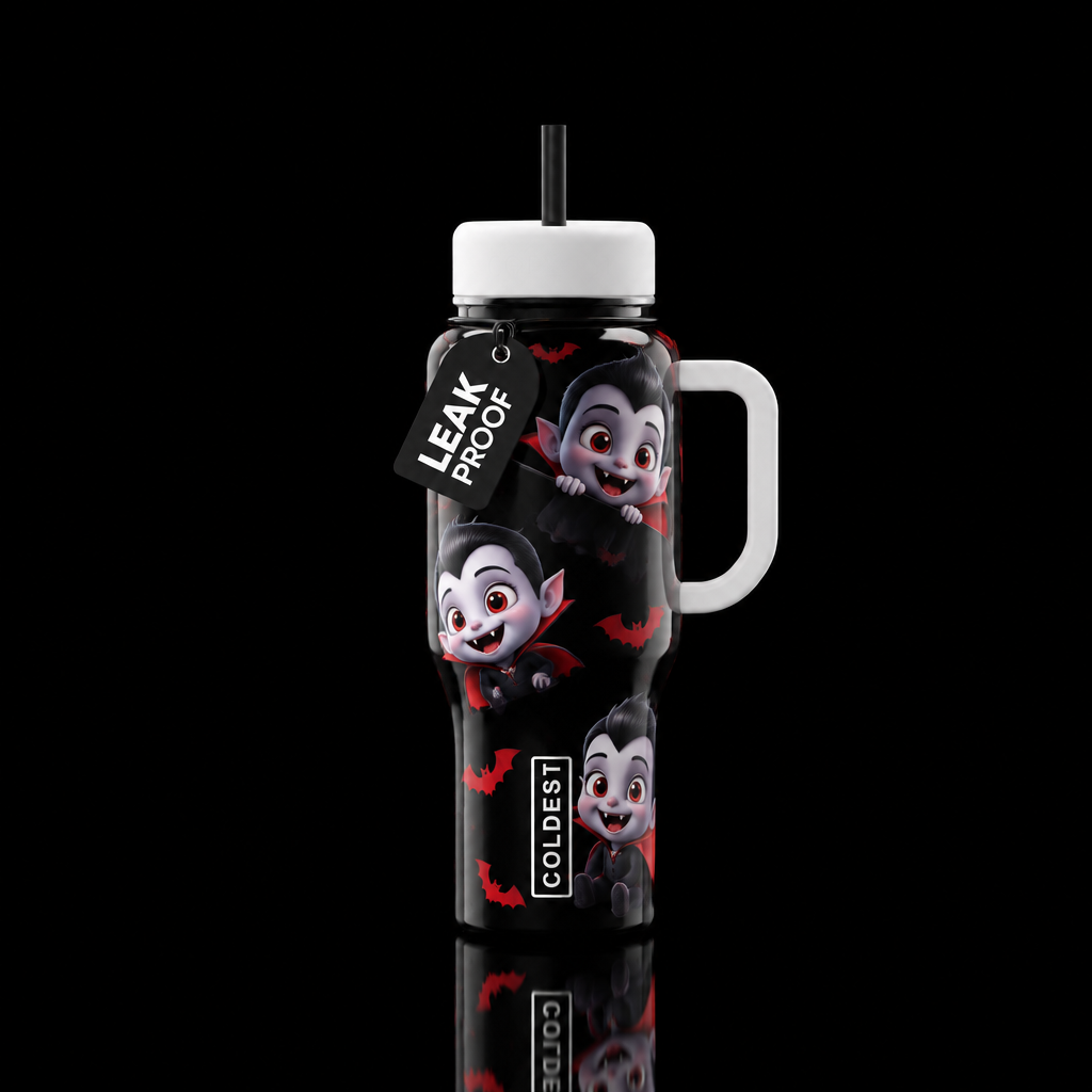 Black glossy bottle with bright white handle and l... water bottle design