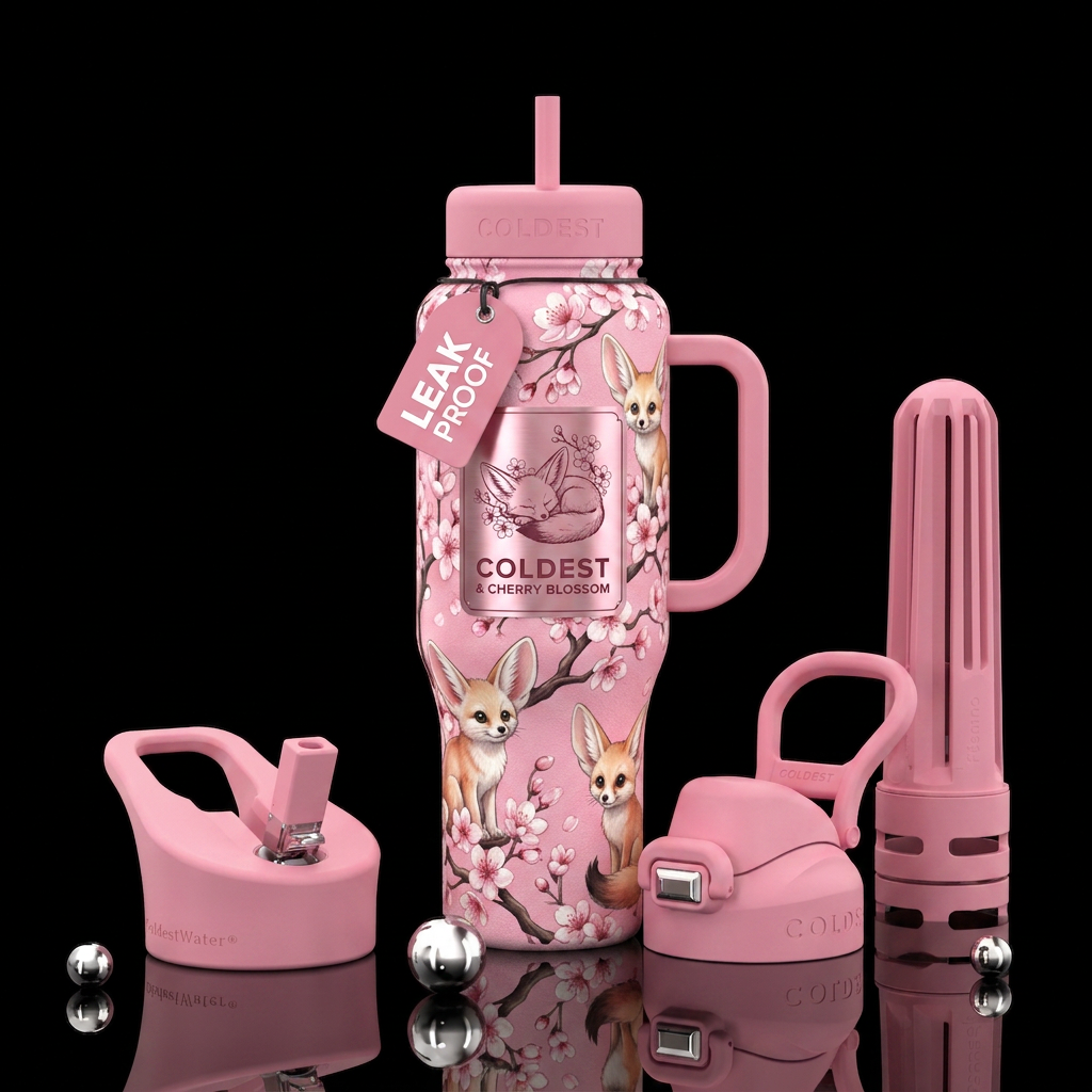 Cherry blossom, fennec foxes water bottle design