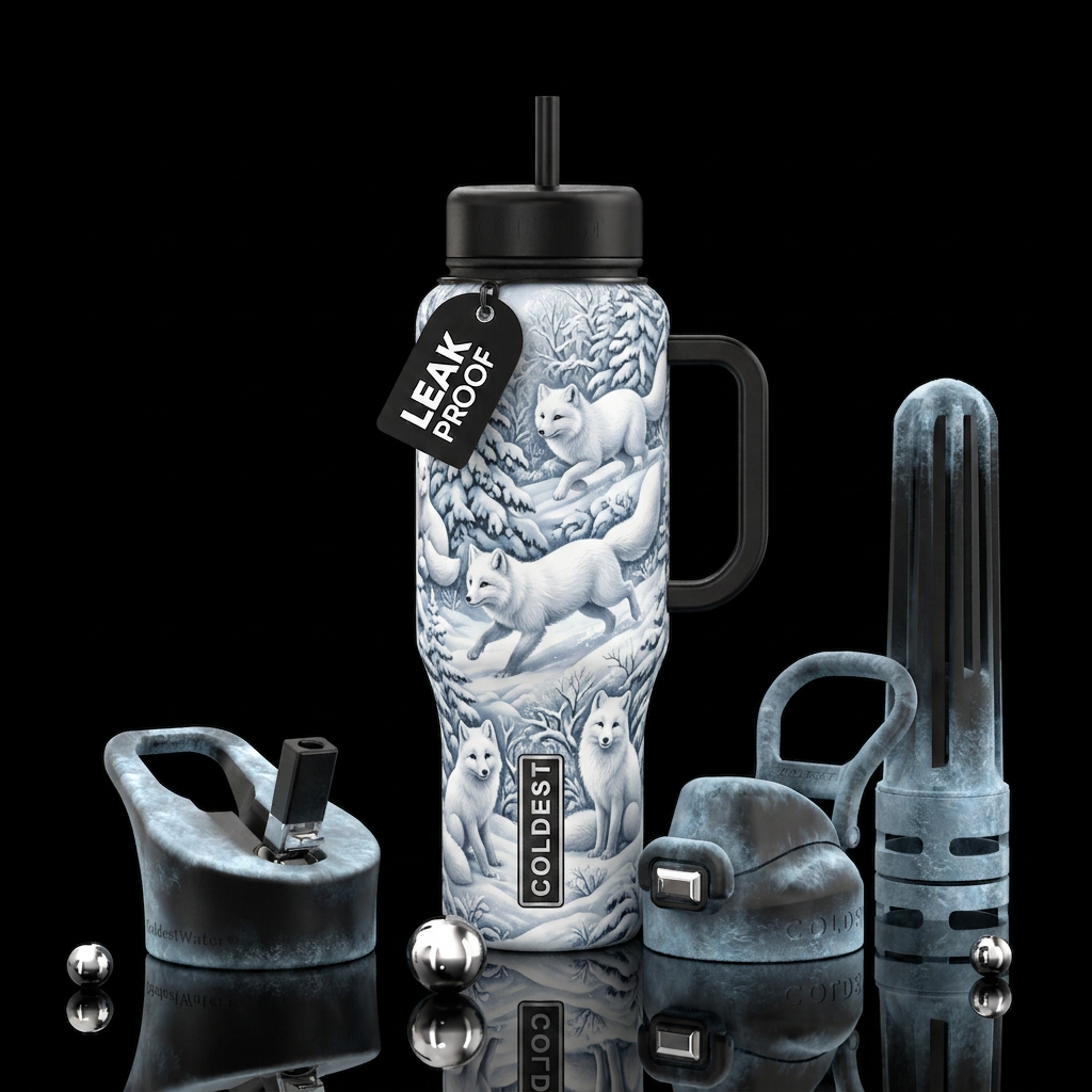 White foxes, snow, artic water bottle design