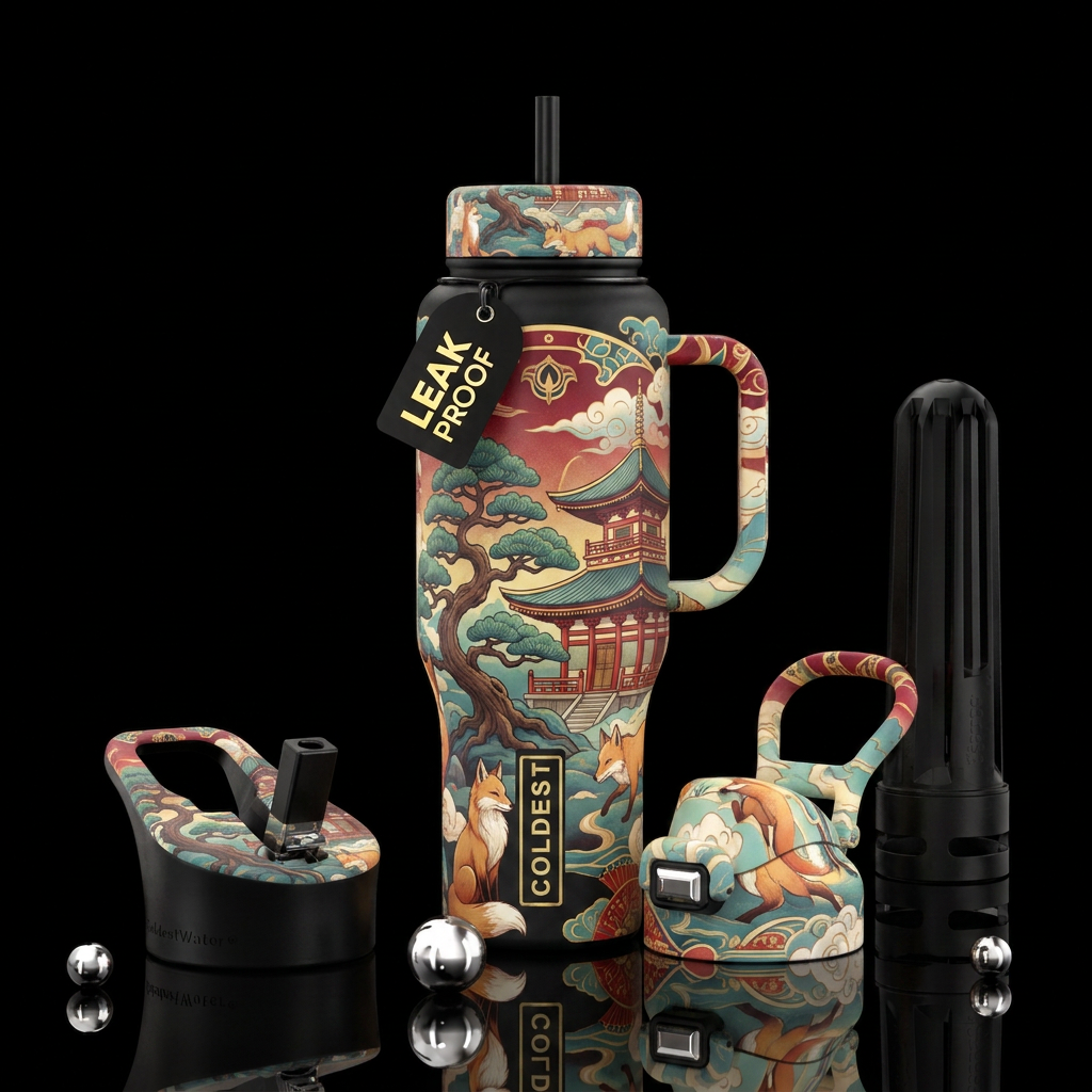 Foxes, asia, temple, calming, spiritual, water bottle design