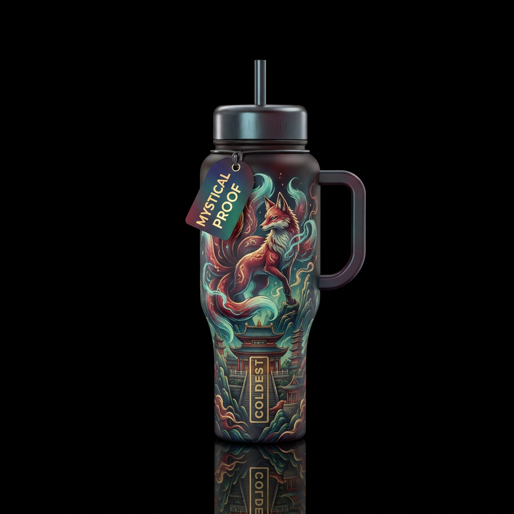 Nine tailed fox, asian temple, mystical water bottle design