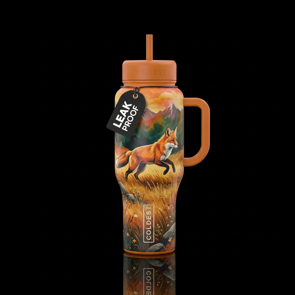 Sierra Nevada red fox, grassland, orange, water bottle design