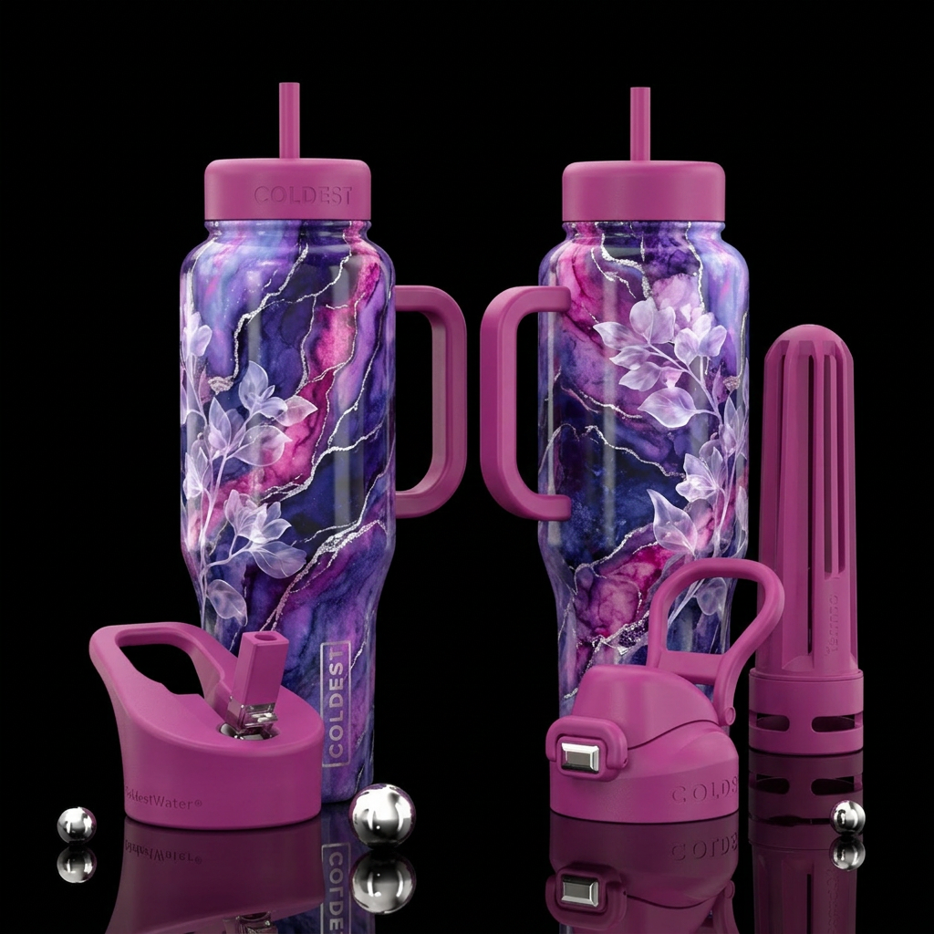 Purple, midnight blue, fuschia pink, white, opales... water bottle design