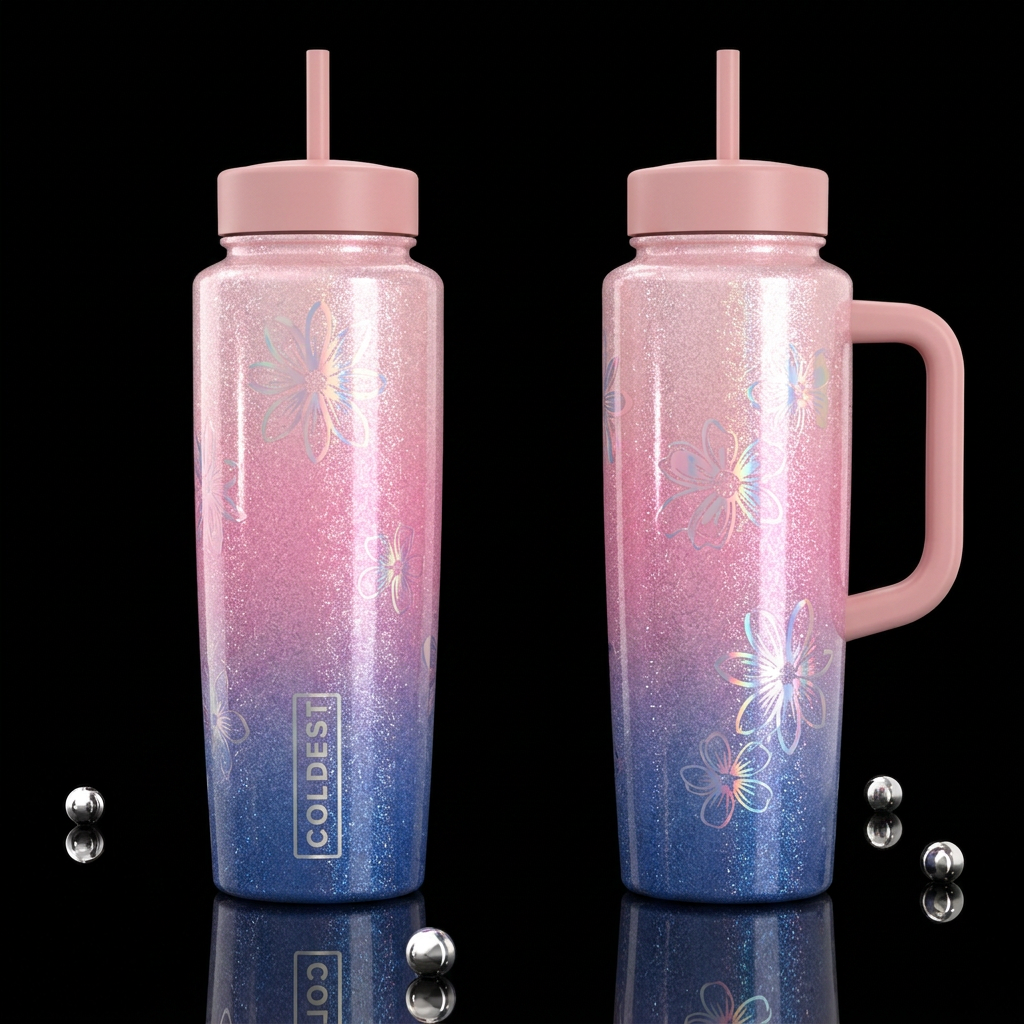 Dark blue, Cotton candy, blush, sparkly opalescent... water bottle design