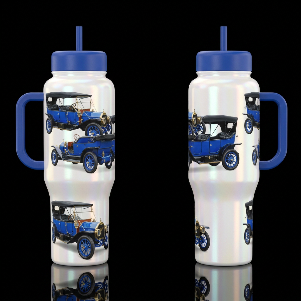 Create an opalescent white tumbler with a royal bl... water bottle design
