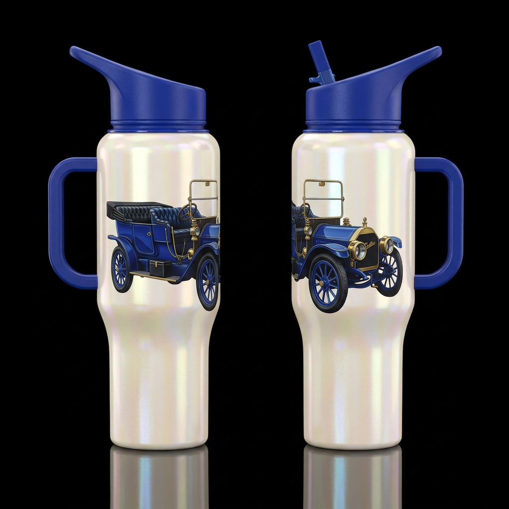 Create an opalescent cream tumbler with a royal bl... water bottle design