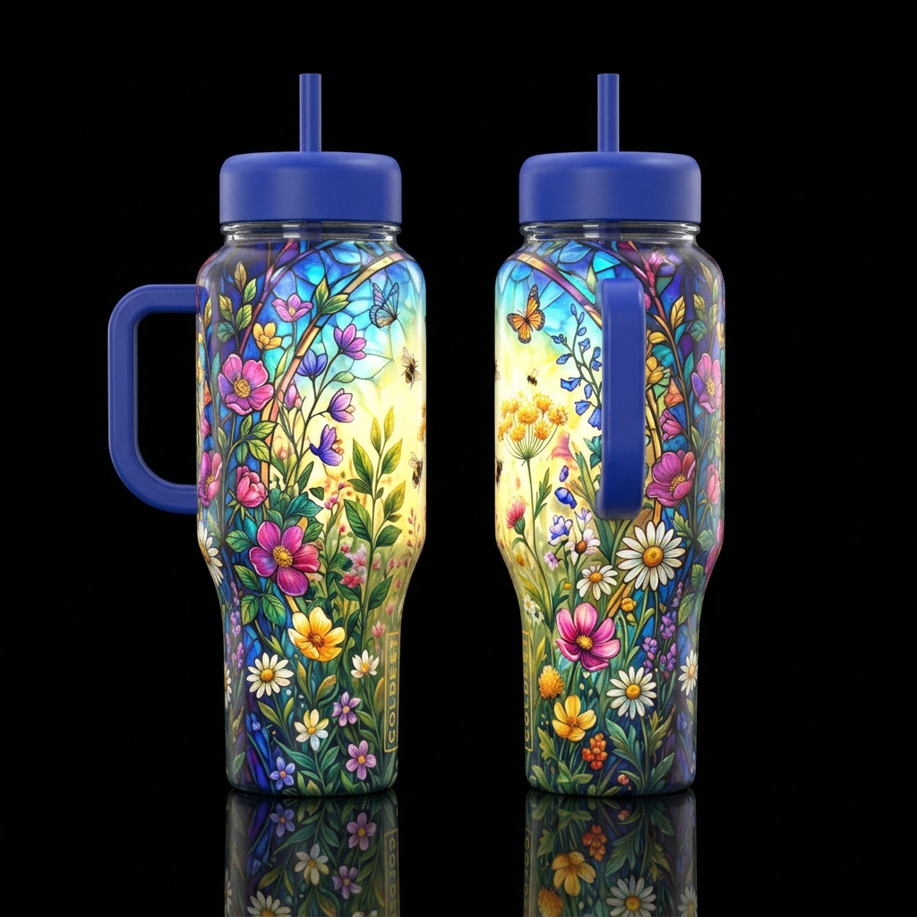 secret garden, summer sunshine, stained glass, rem... water bottle design
