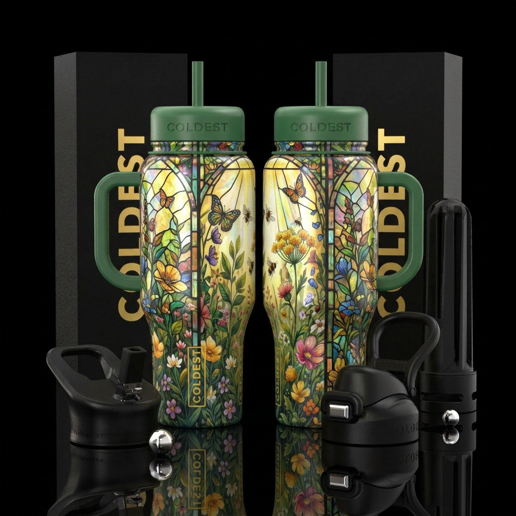 secret garden, summer sunshine, stained glass, rem... water bottle design
