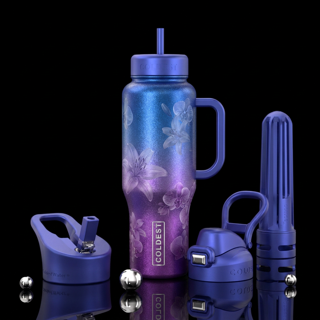 sparkly ombre blue to purple, translucent flowers,... water bottle design