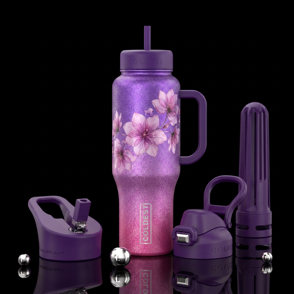 sparkly ombre purple to pink, translucent flowers,... water bottle design