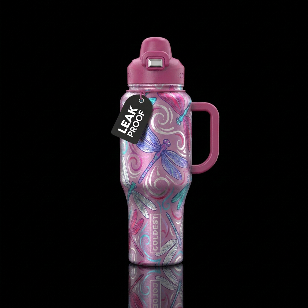 periwinkle, silver, raspberry, turquoise dragonfly water bottle design