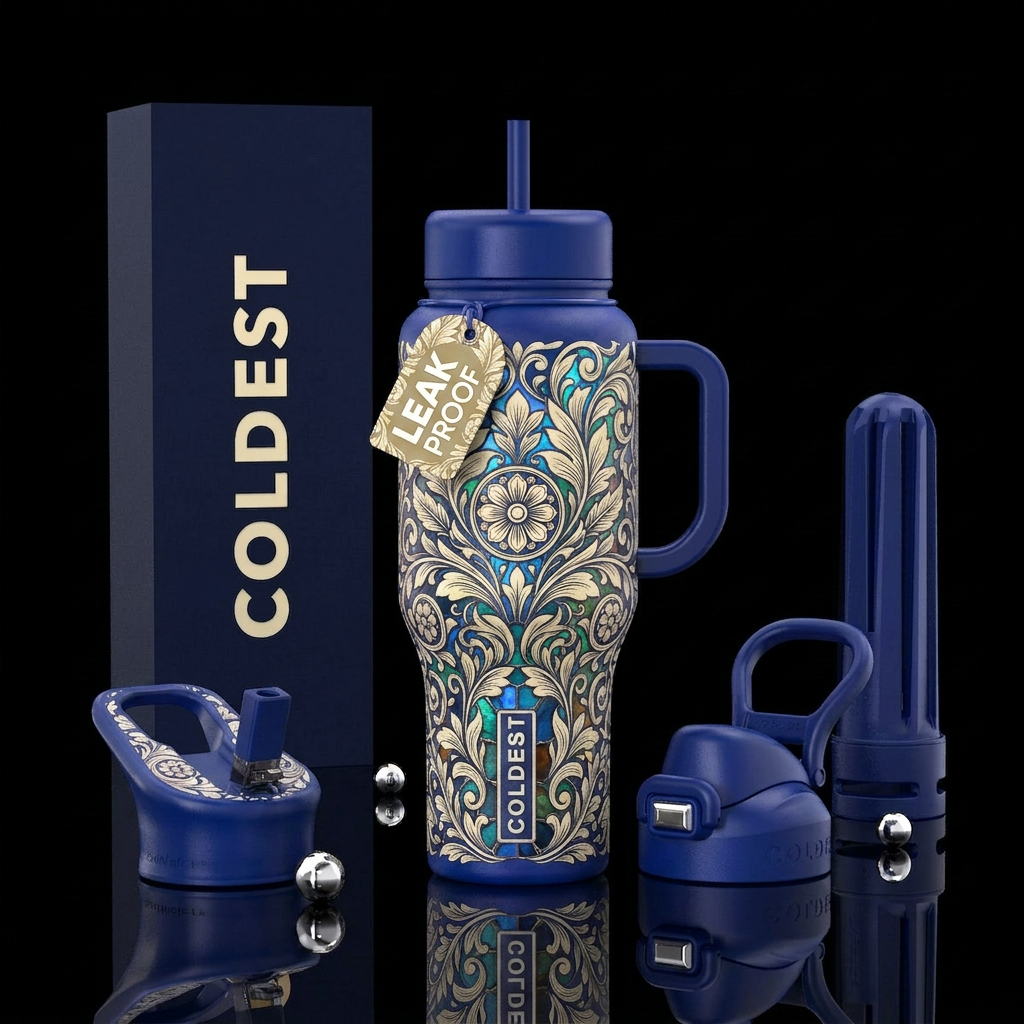 Midnight blue tumbler with a seamless cream floral... water bottle design