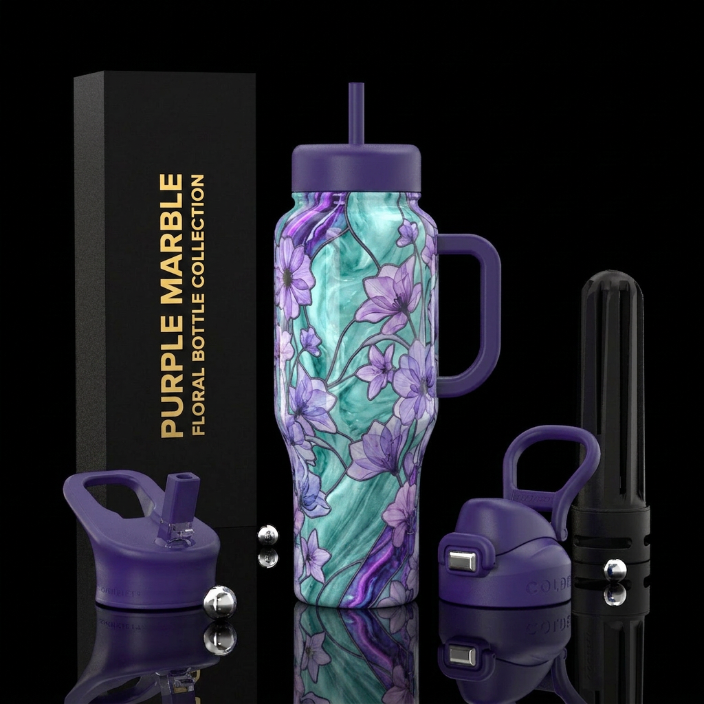 Opalescent teal, luxurious, vibrant marble effect,... water bottle design