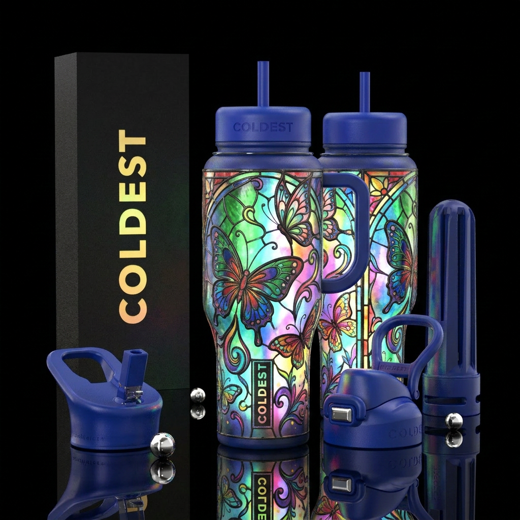 glowie, whimsical, butterfly, stained glass, remov... water bottle design