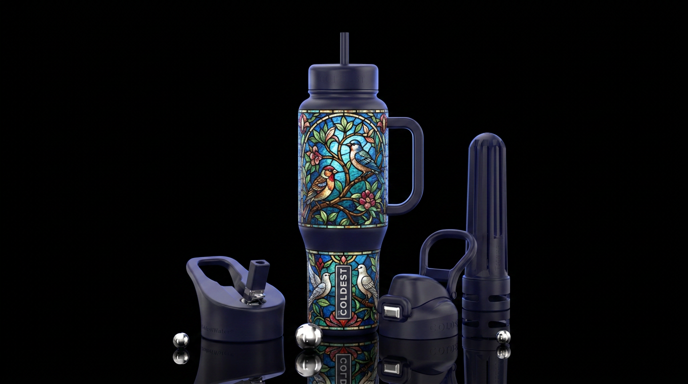 beautiul, stained glass, classical, birds,  remove... water bottle design