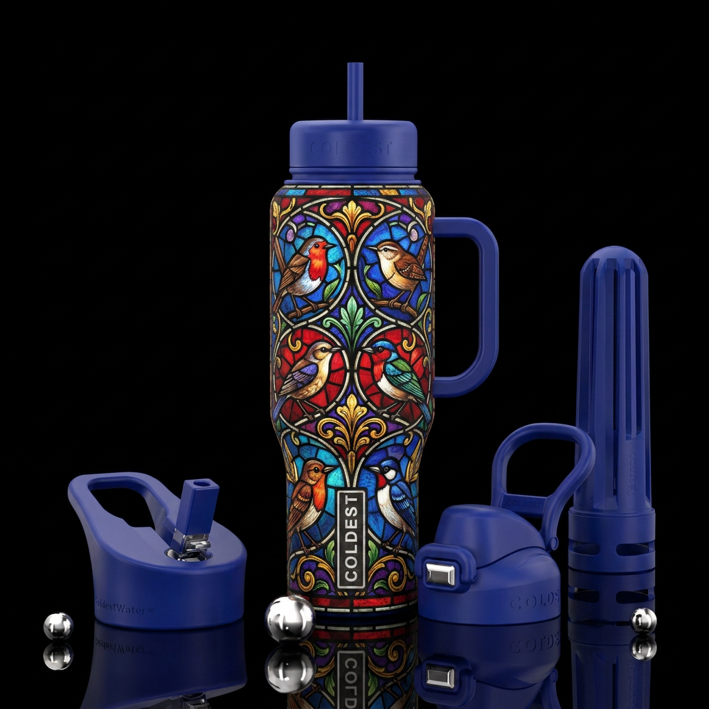 beautiul, european, stained glass, ancient, birds,... water bottle design