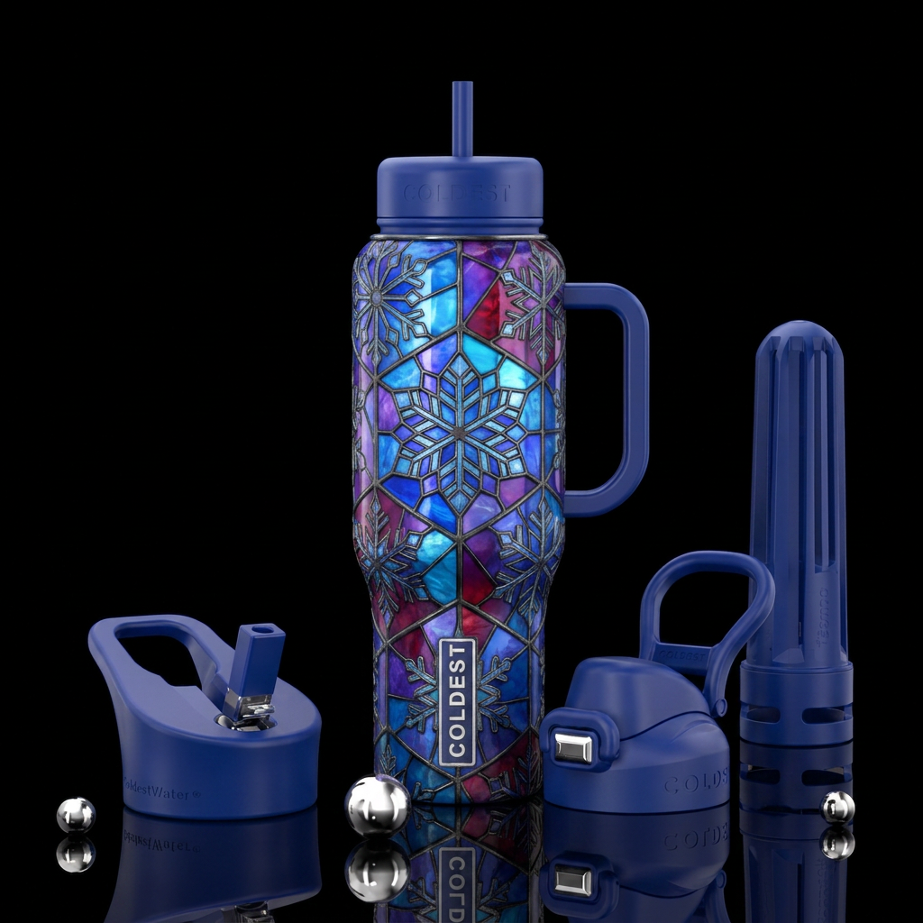 magical, artistic, stained glass, snowflakes,  rem... water bottle design