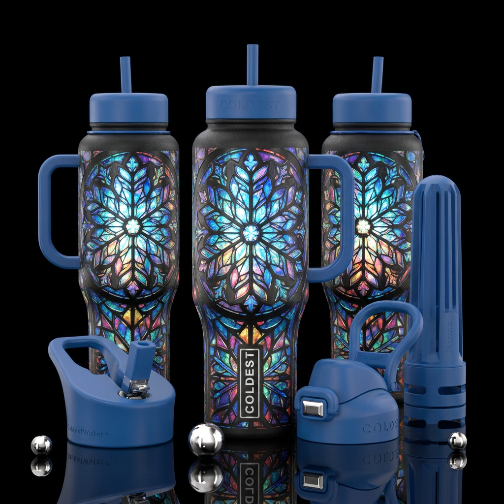 magical, artistic, stained glass, snowflakes,  rem... water bottle design
