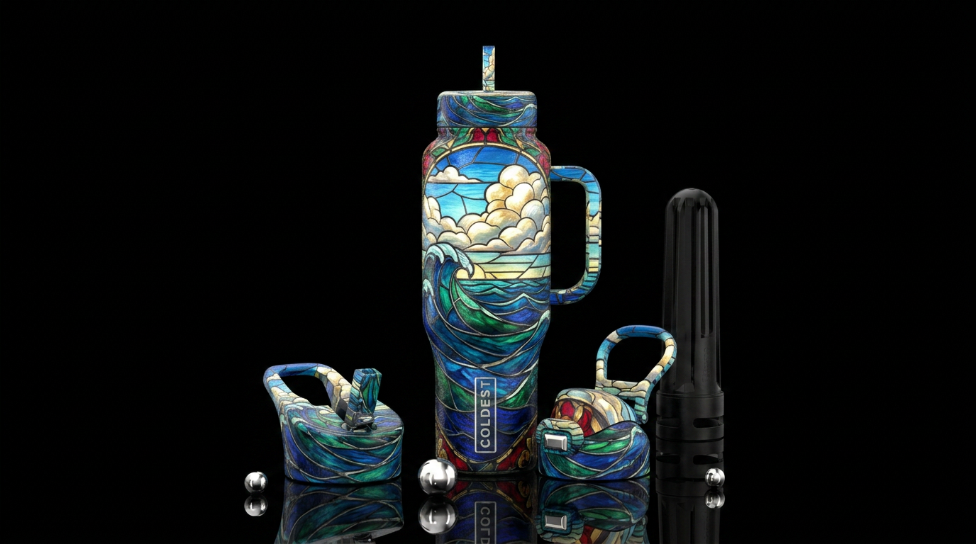 clouds, ocean, beautiful, vibrant, stained glass, ... water bottle design