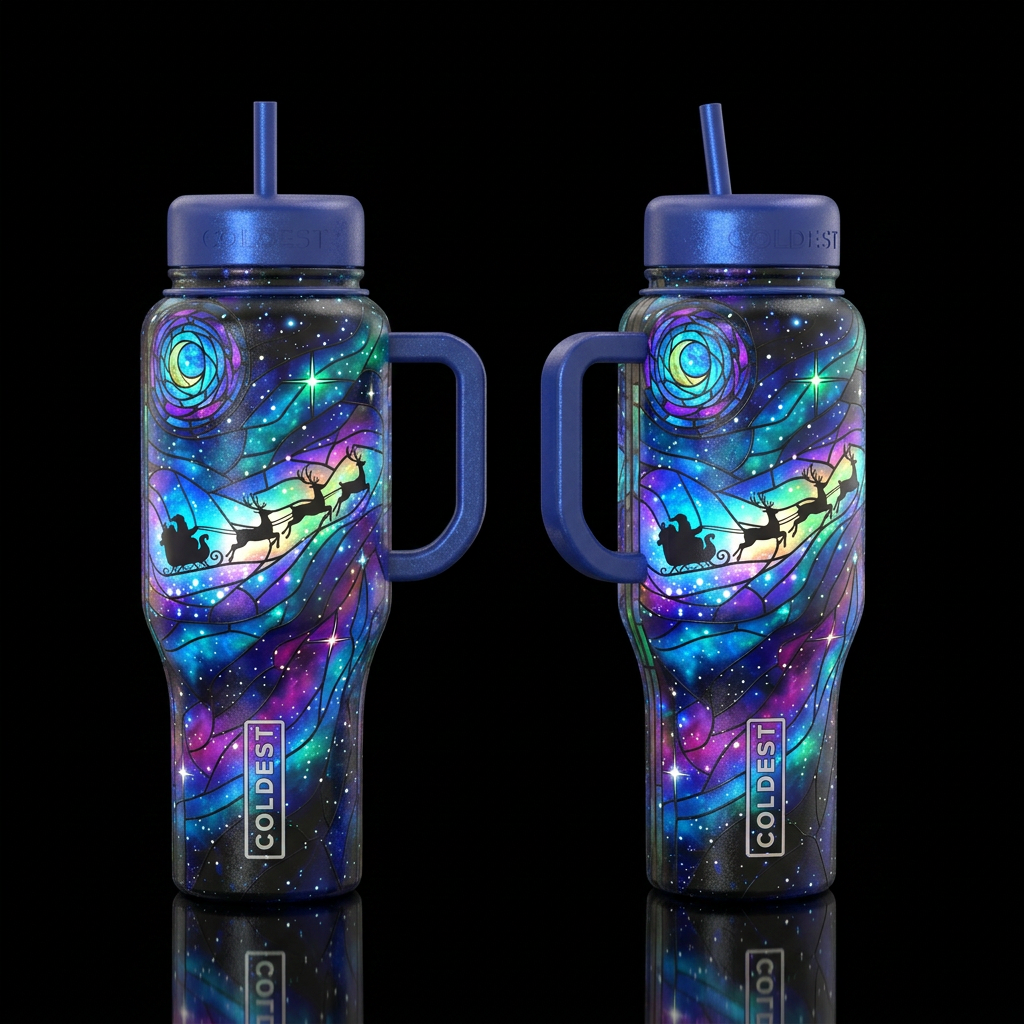 starry night, santa's sleigh and reindeer, stained... water bottle design