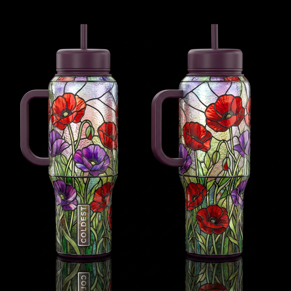 stained glass design with beautiful vibrant red an... water bottle design