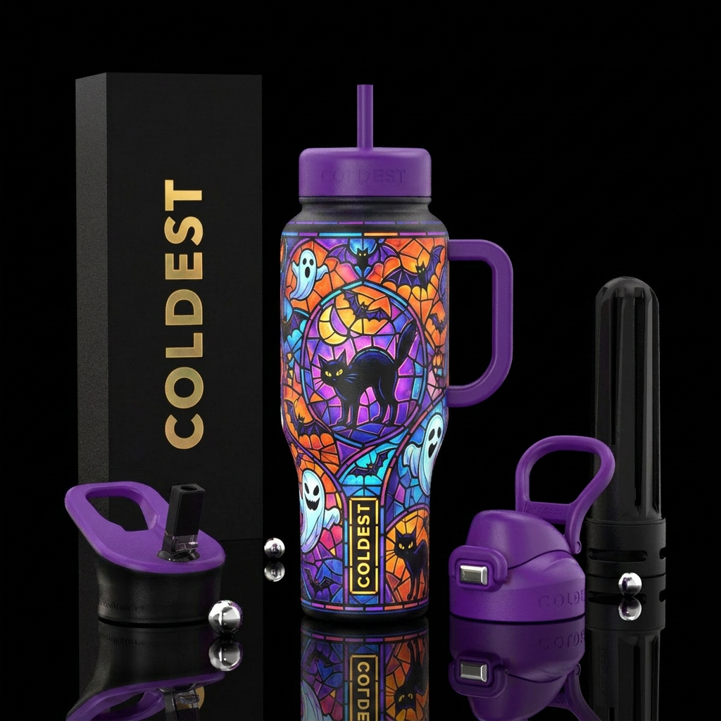halloween stained glass, black cats, bats, ghosts,... water bottle design