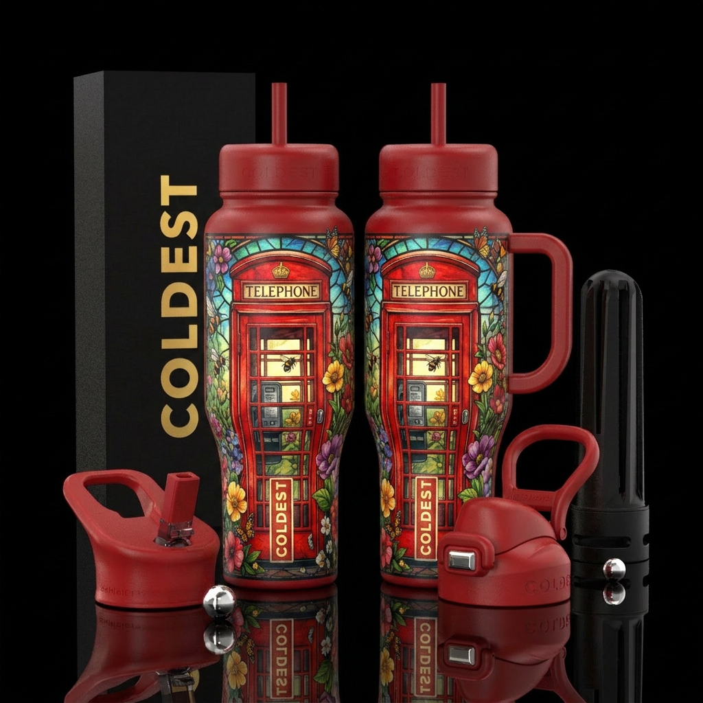 stained glass red phone box, flowers, bees, butter... water bottle design