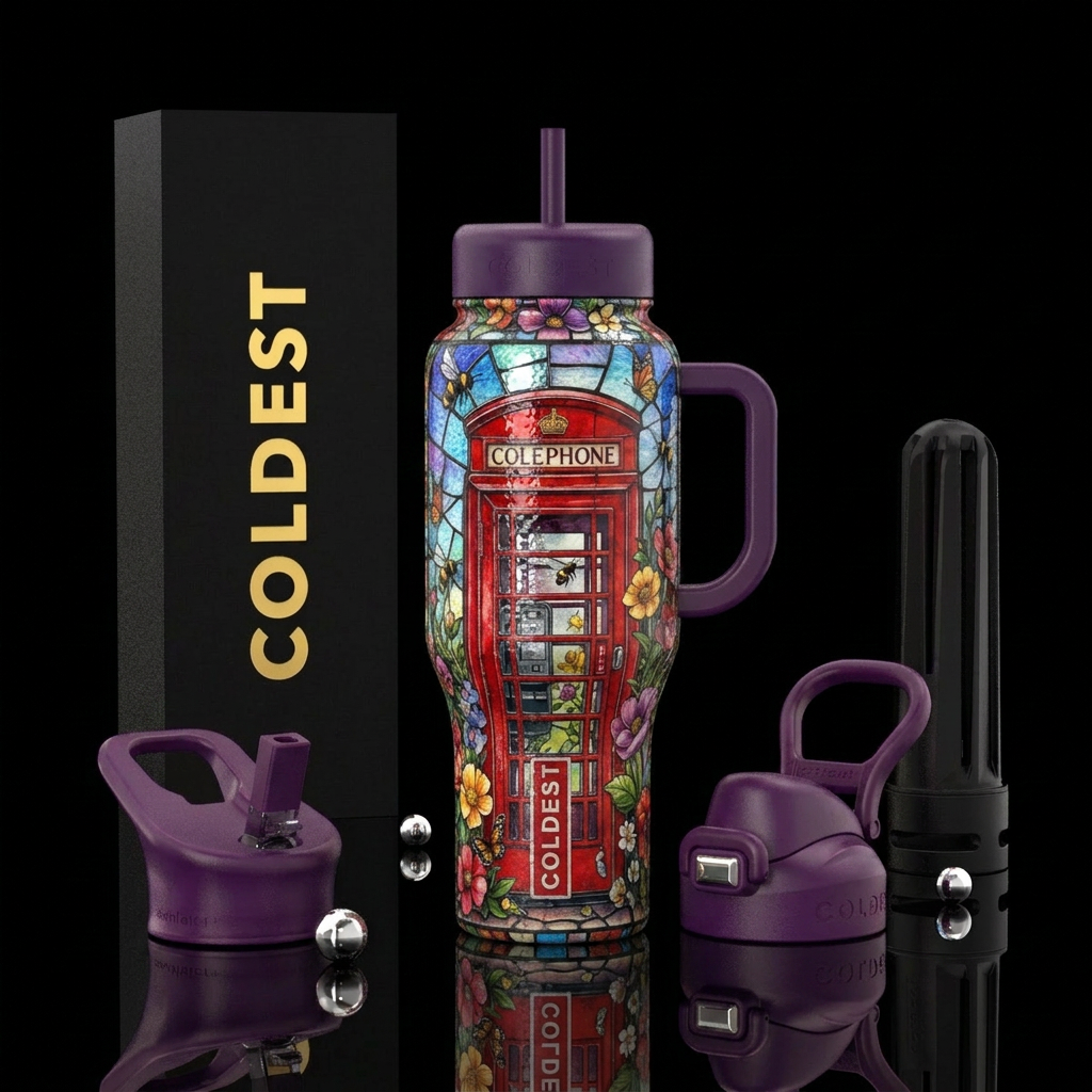 stained glass red phone box, flowers, bees, butter... water bottle design
