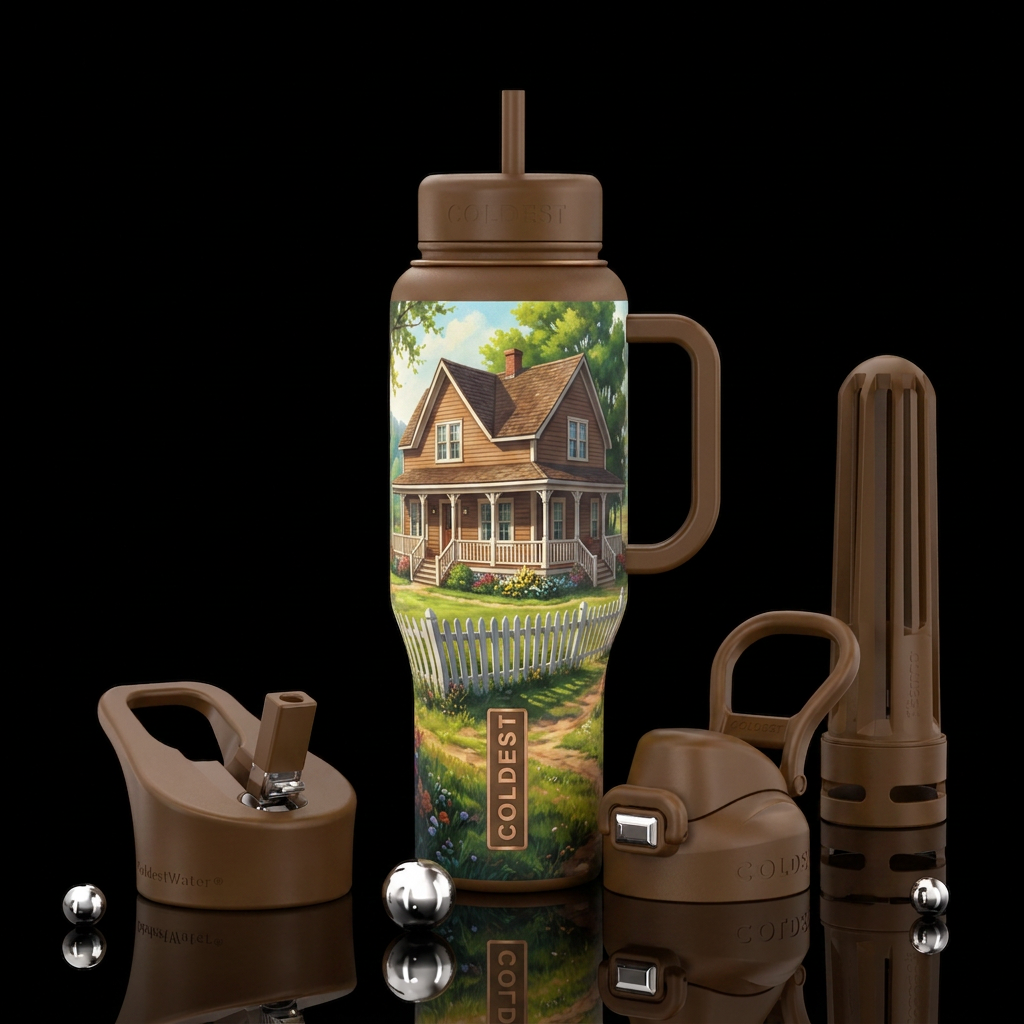 beautiful brown farmhouse with a wraparound porch ... water bottle design