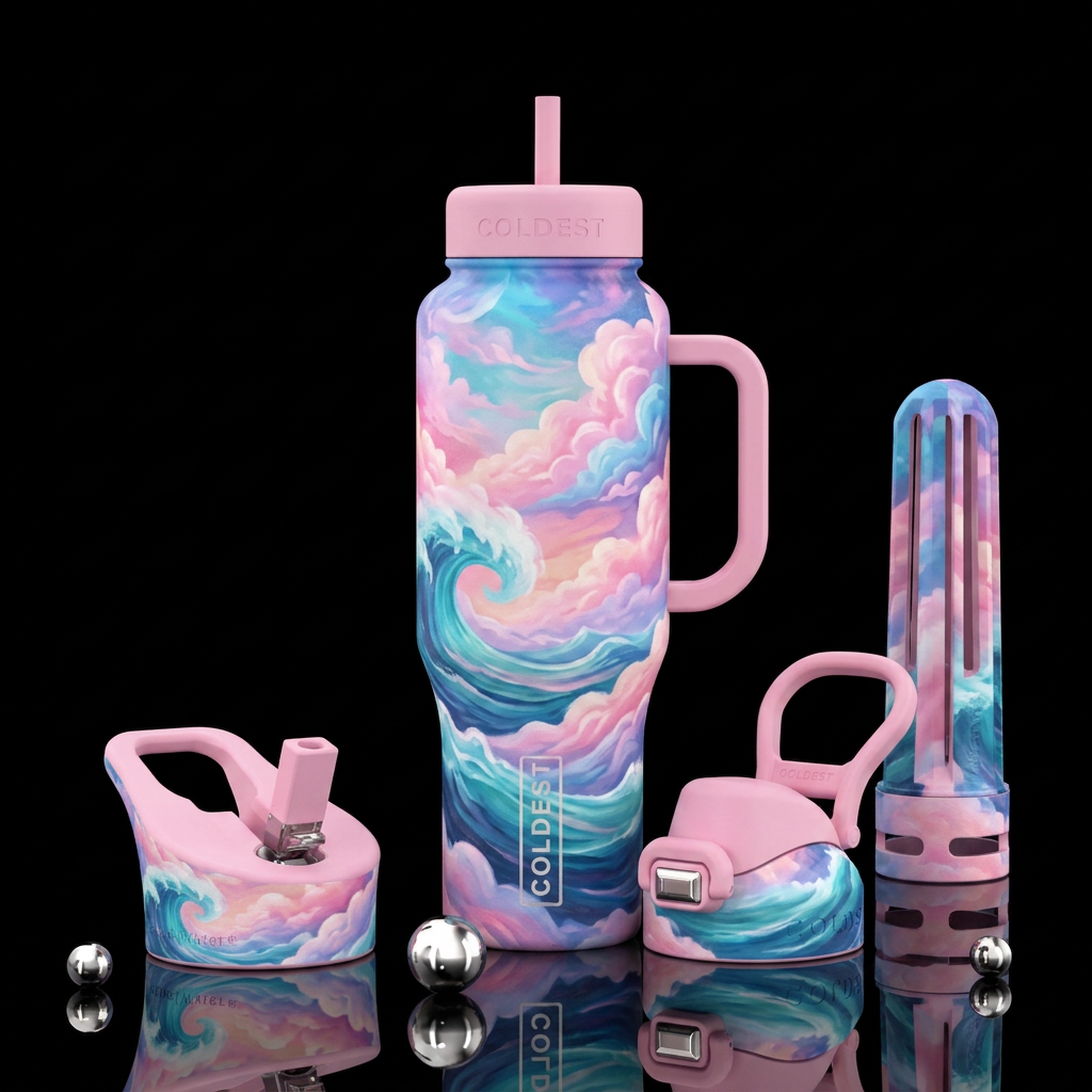 artistic, cotton candy, clouds, ocean, remove leak... water bottle design