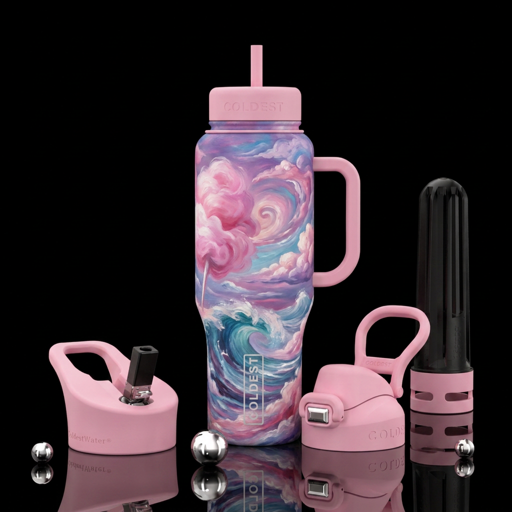 artistic oil painting, cotton candy, clouds, ocean... water bottle design
