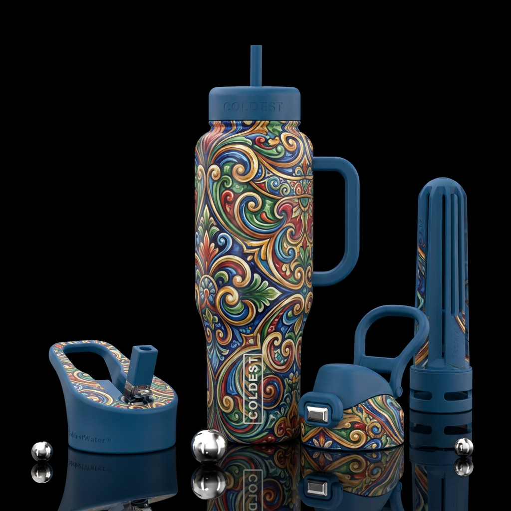 Bright, colorful, seamless, swirly european design... water bottle design