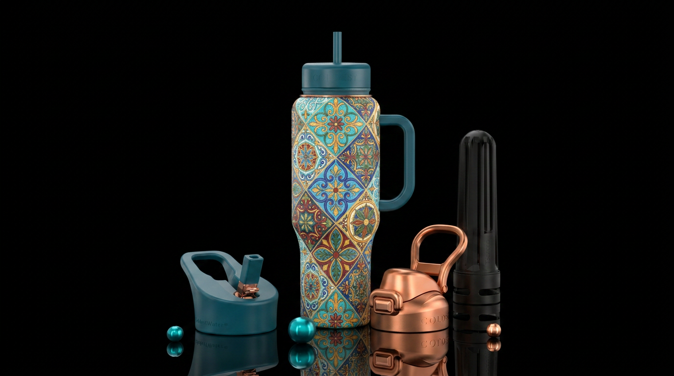 bright, colorful, bohemian european design, remove... water bottle design